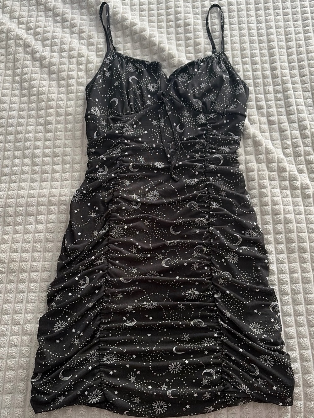 Celestial Ruched Black Slip Mini Dress